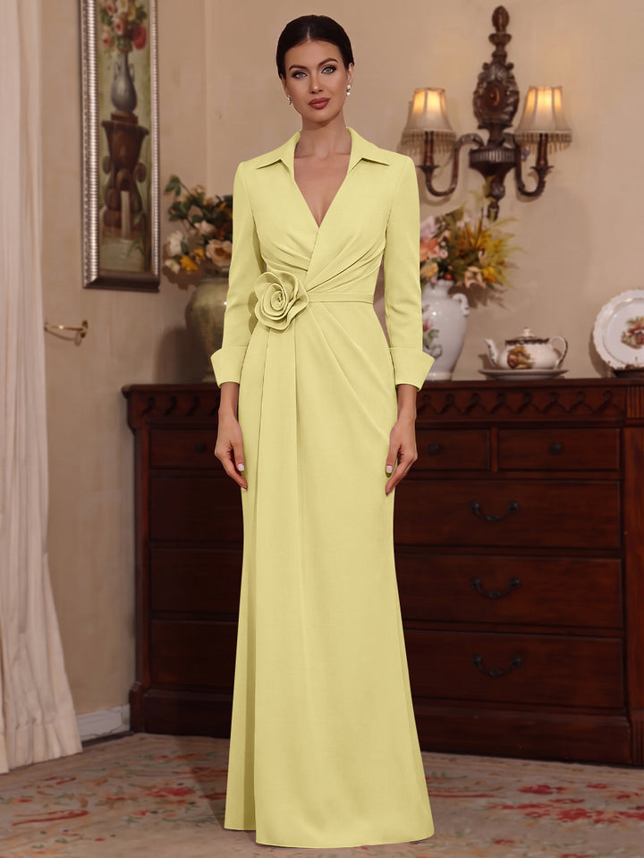 Sheath/Column V-Neck Stretch Satin Mother of the Bride Dresses with 3D Flower Floor-Length 3/4 Sleeves