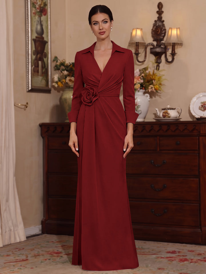Sheath/Column V-Neck Stretch Satin Mother of the Bride Dresses with 3D Flower Floor-Length 3/4 Sleeves