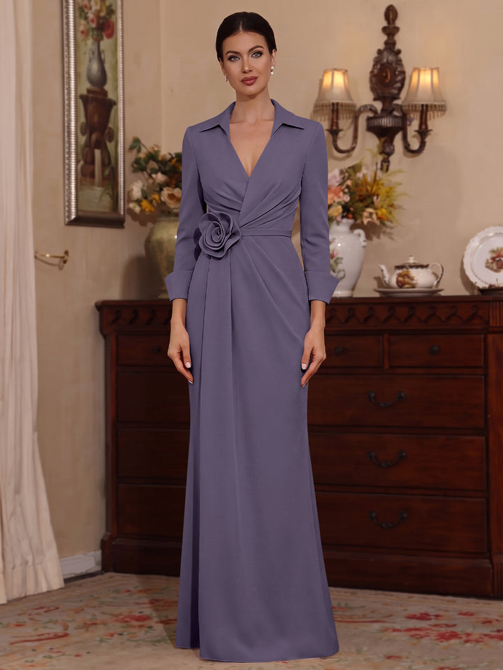 Sheath/Column V-Neck Stretch Satin Mother of the Bride Dresses with 3D Flower Floor-Length 3/4 Sleeves