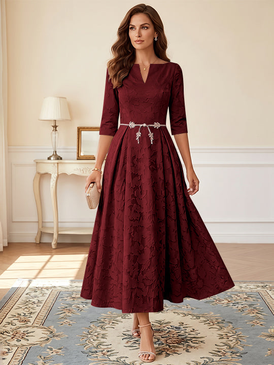 A-Line/Princess V-Neck Floral Burnout Mother of the Bride Dresses Tea-Length 3/4 Sleeves Belt