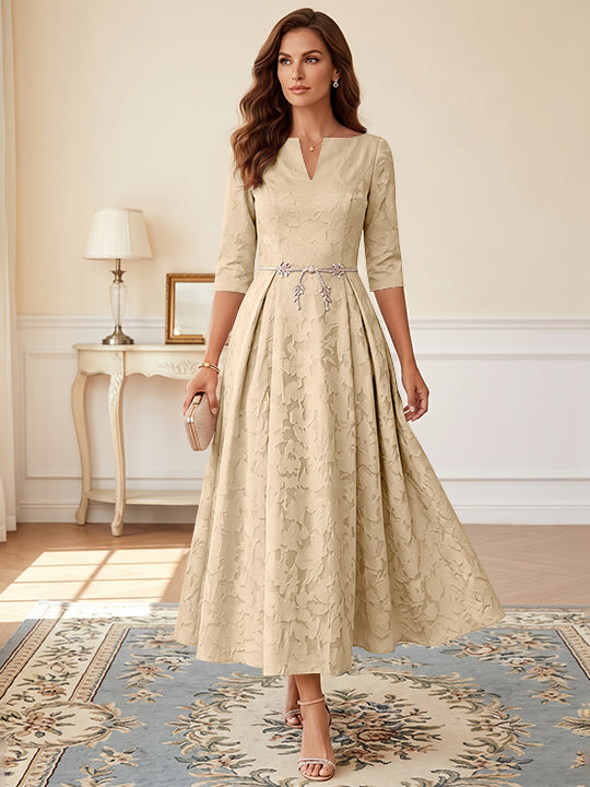 A-Line/Princess V-Neck Floral Burnout Mother of the Bride Dresses Tea-Length 3/4 Sleeves Belt