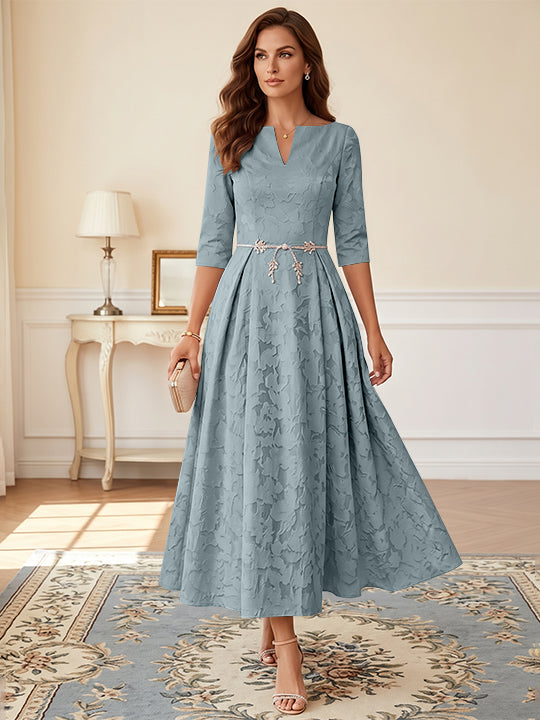 A-Line/Princess V-Neck Floral Burnout Mother of the Bride Dresses Tea-Length 3/4 Sleeves Belt