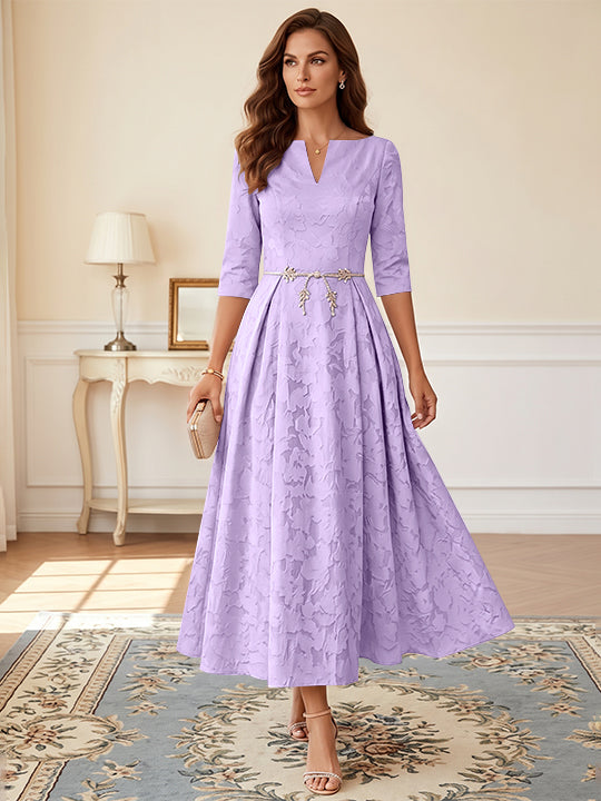 A-Line/Princess V-Neck Floral Burnout Mother of the Bride Dresses Tea-Length 3/4 Sleeves Belt