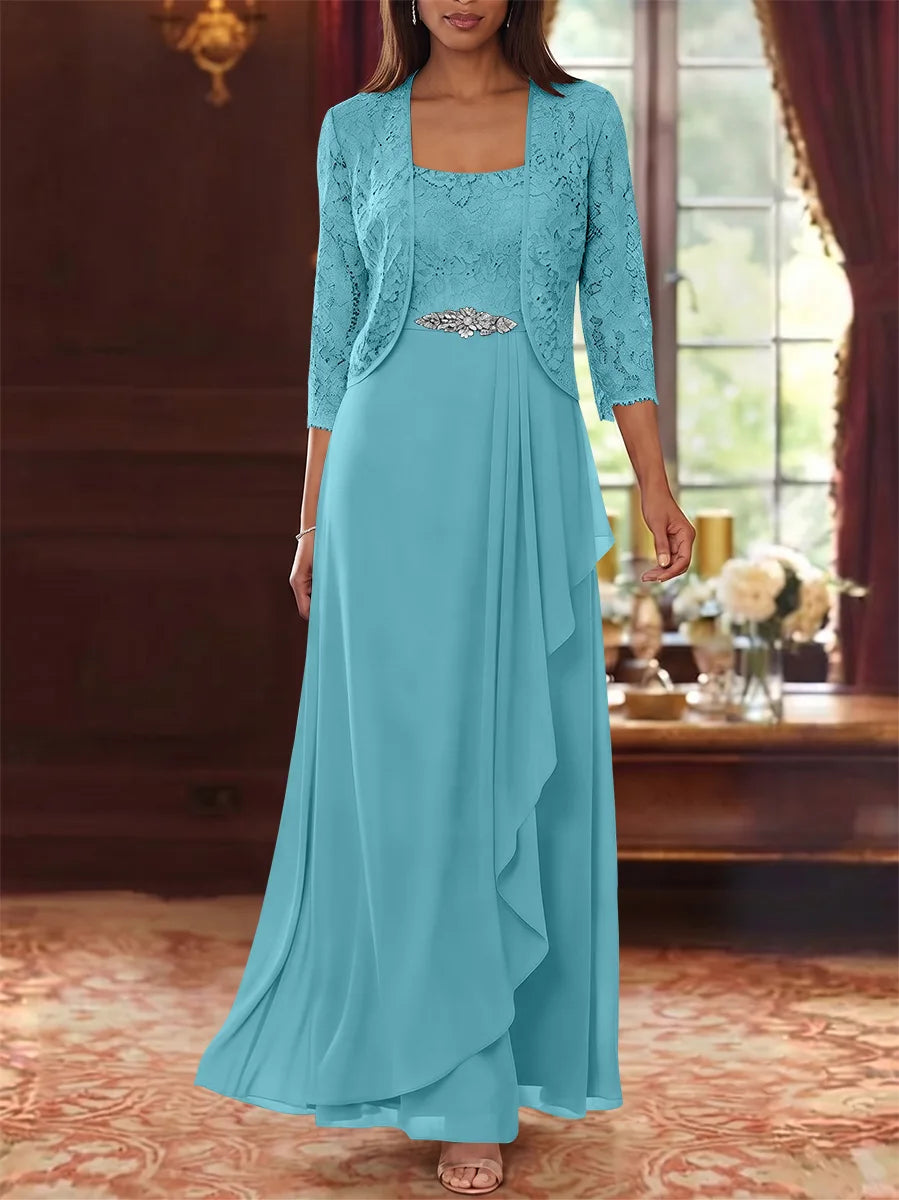 A-Line/Princess Square Collar Chiffon Mother of the Bride Dresses with Jacket Lace Ankle-Length 3/4 Sleeves