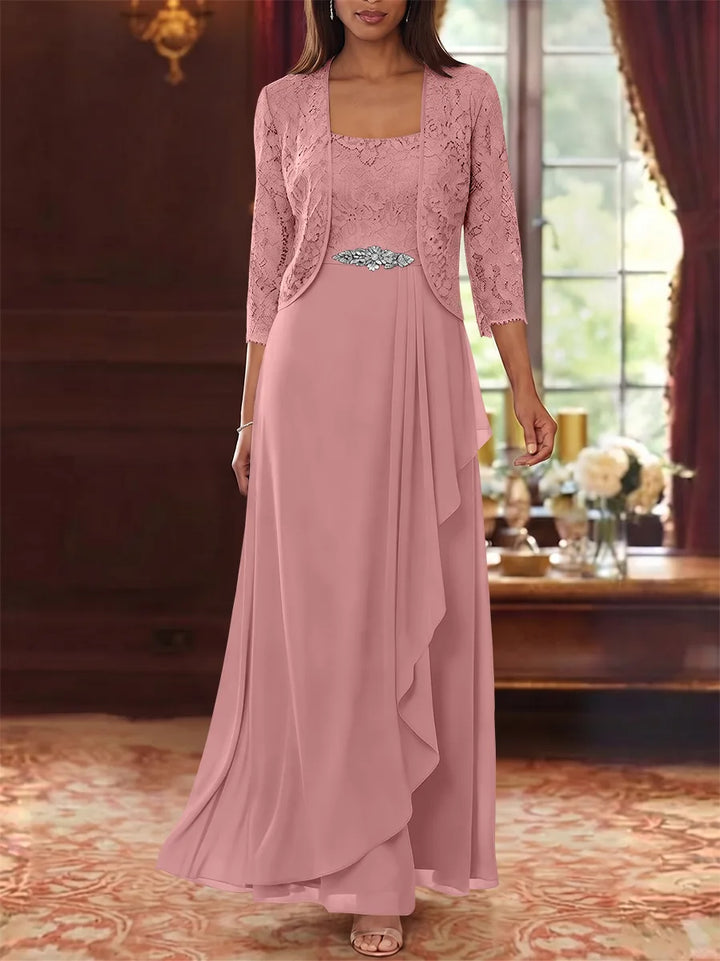 A-Line/Princess Square Collar Chiffon Mother of the Bride Dresses with Jacket Lace Ankle-Length 3/4 Sleeves