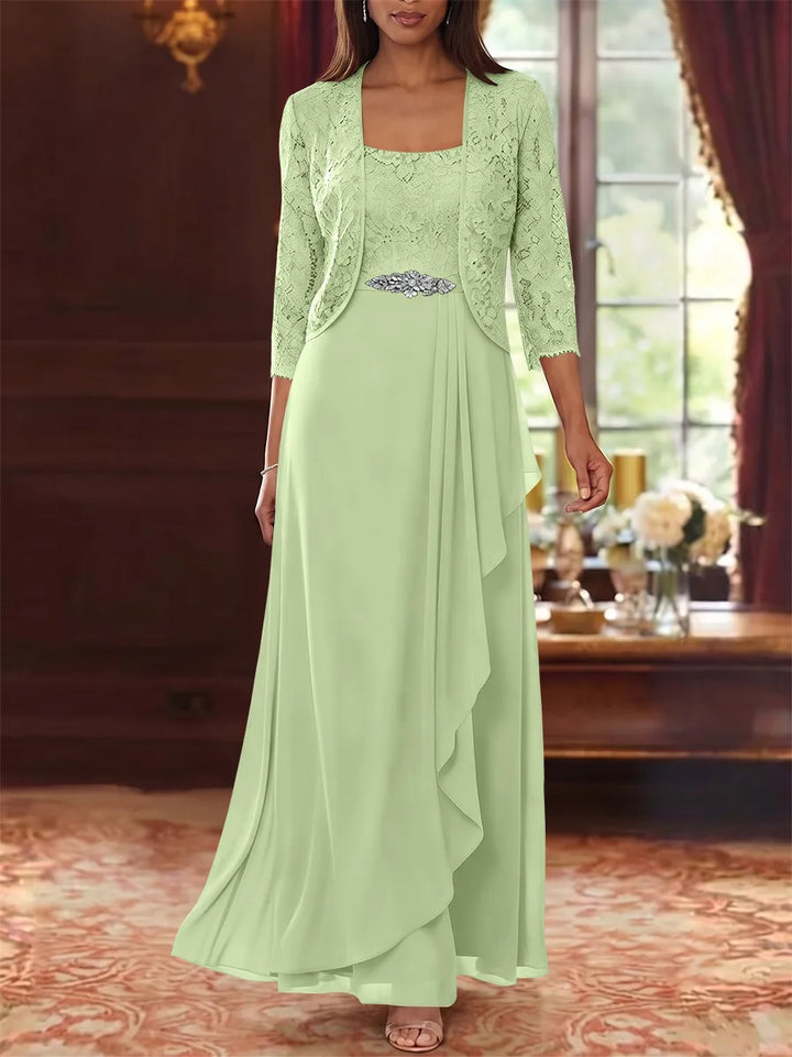 A-Line/Princess Square Collar Chiffon Mother of the Bride Dresses with Jacket Lace Ankle-Length 3/4 Sleeves