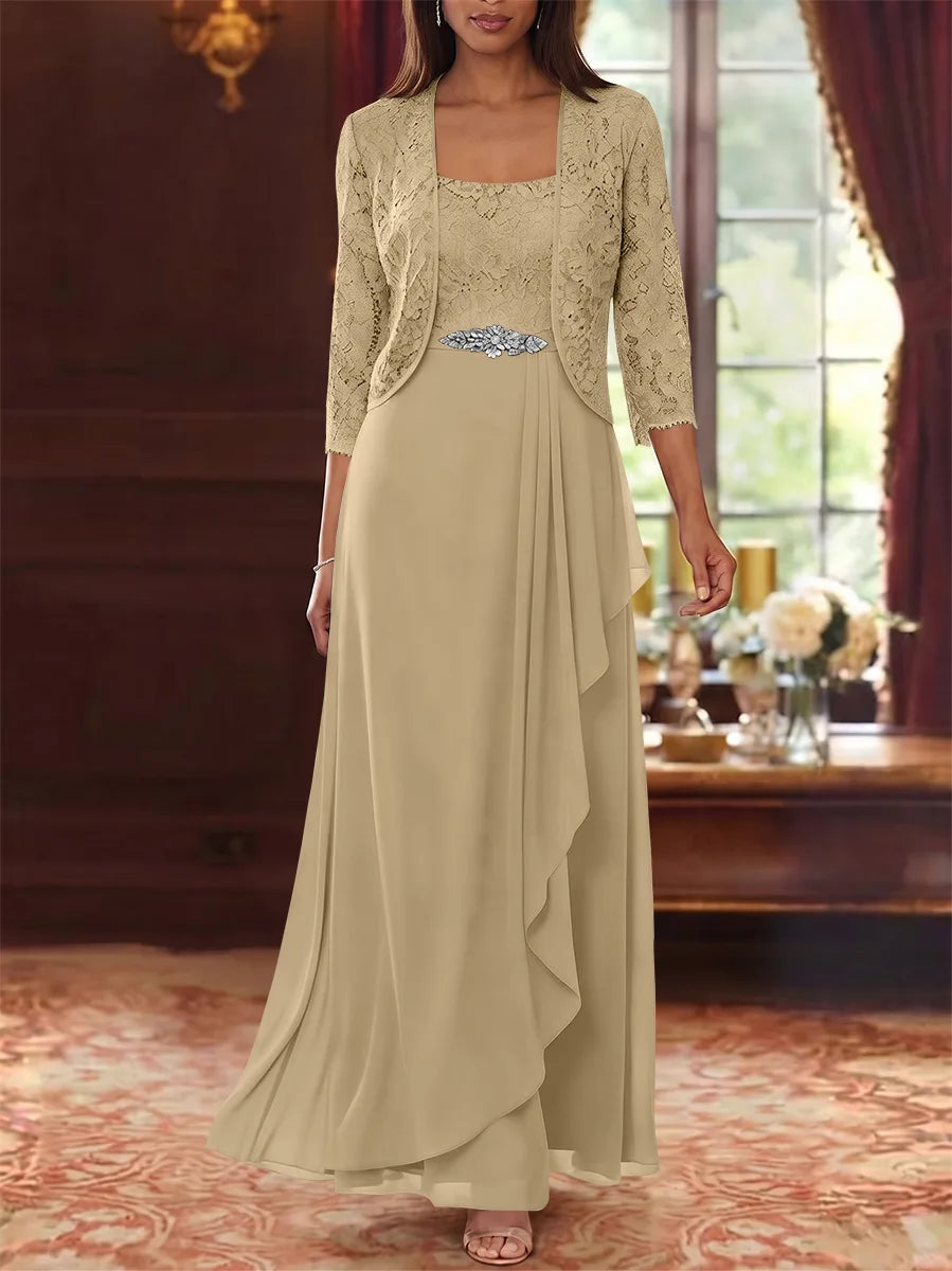 A-Line/Princess Square Collar Chiffon Mother of the Bride Dresses with Jacket Lace Ankle-Length 3/4 Sleeves