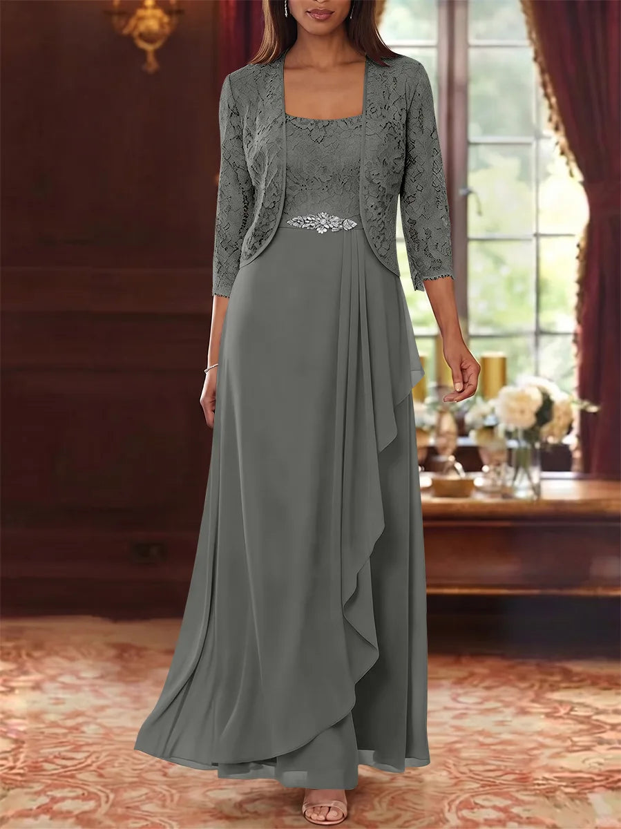 A-Line/Princess Square Collar Chiffon Mother of the Bride Dresses with Jacket Lace Ankle-Length 3/4 Sleeves