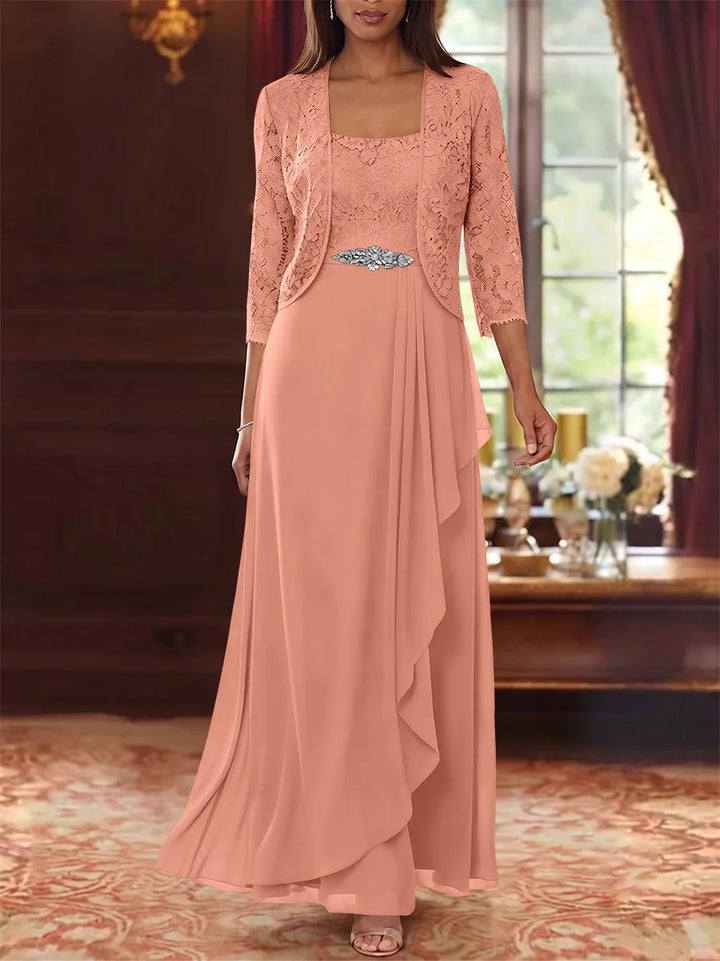 A-Line/Princess Square Collar Chiffon Mother of the Bride Dresses with Jacket Lace Ankle-Length 3/4 Sleeves