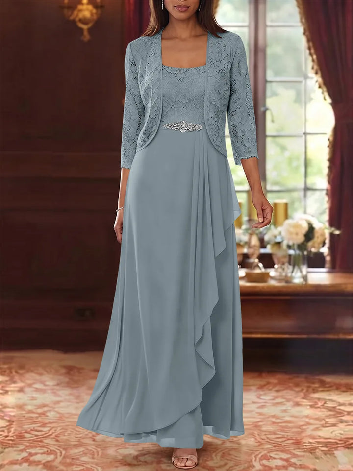 A-Line/Princess Square Collar Chiffon Mother of the Bride Dresses with Jacket Lace Ankle-Length 3/4 Sleeves