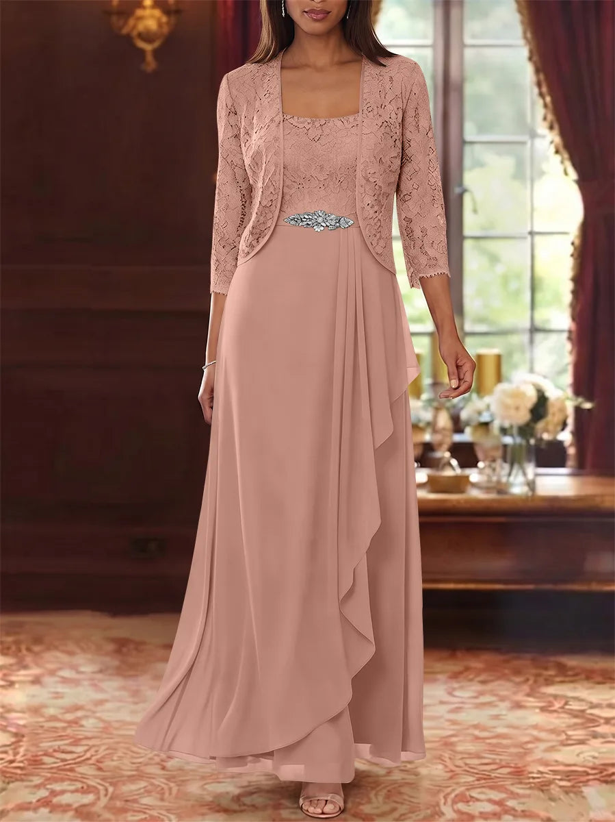 A-Line/Princess Square Collar Chiffon Mother of the Bride Dresses with Jacket Lace Ankle-Length 3/4 Sleeves