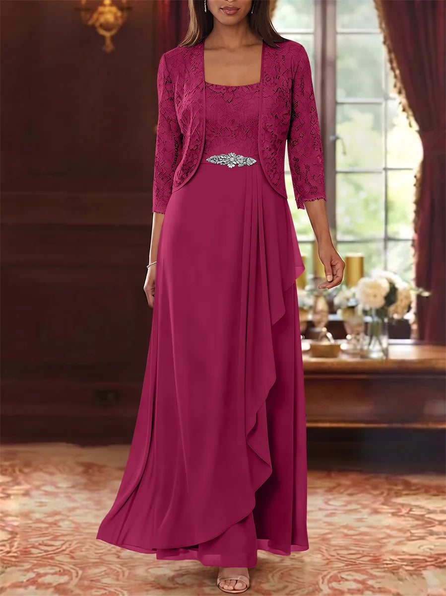 A-Line/Princess Square Collar Chiffon Mother of the Bride Dresses with Jacket Lace Ankle-Length 3/4 Sleeves