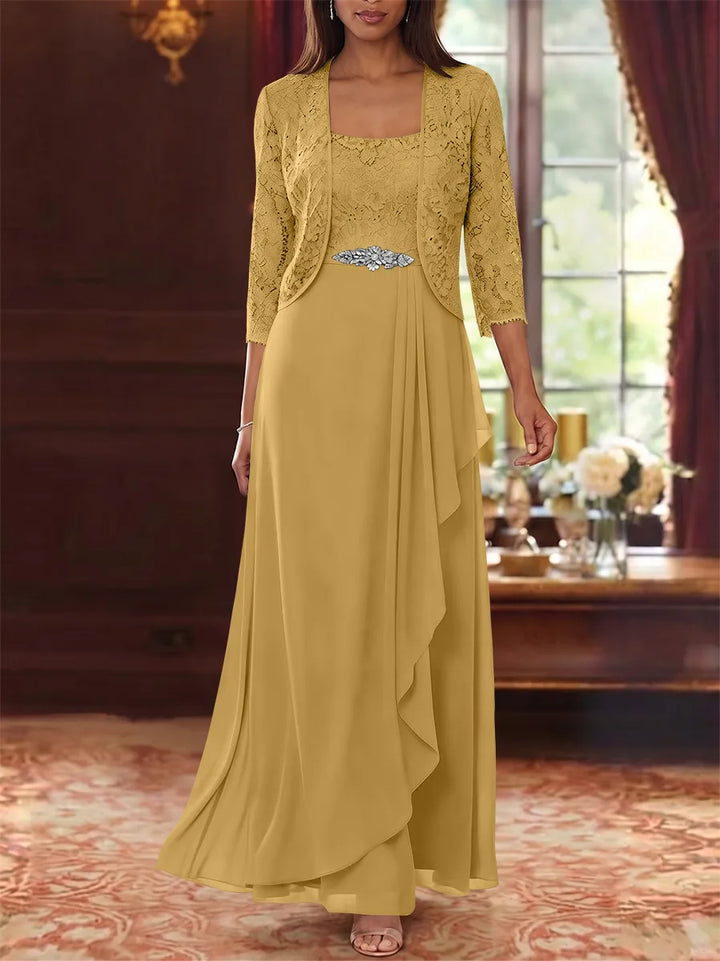 A-Line/Princess Square Collar Chiffon Mother of the Bride Dresses with Jacket Lace Ankle-Length 3/4 Sleeves