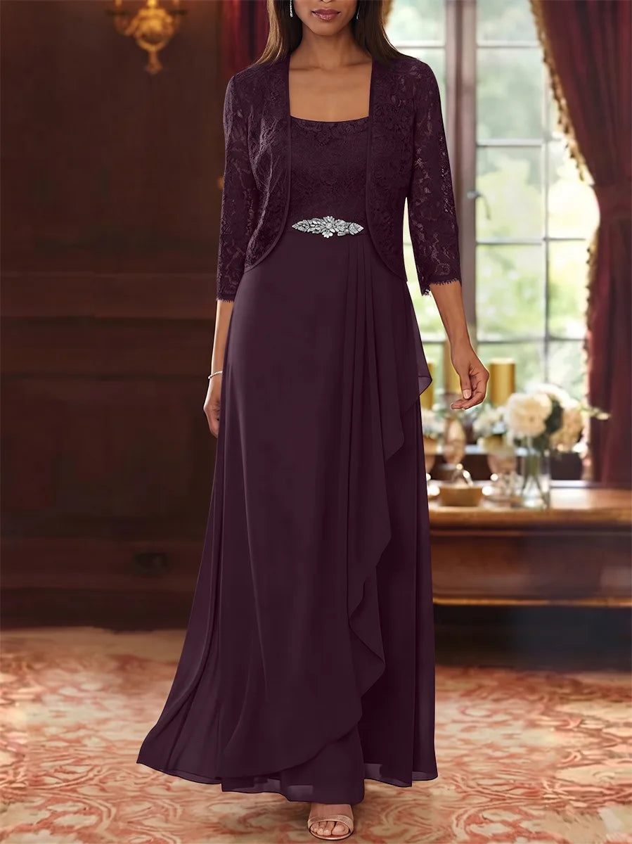 A-Line/Princess Square Collar Chiffon Mother of the Bride Dresses with Jacket Lace Ankle-Length 3/4 Sleeves