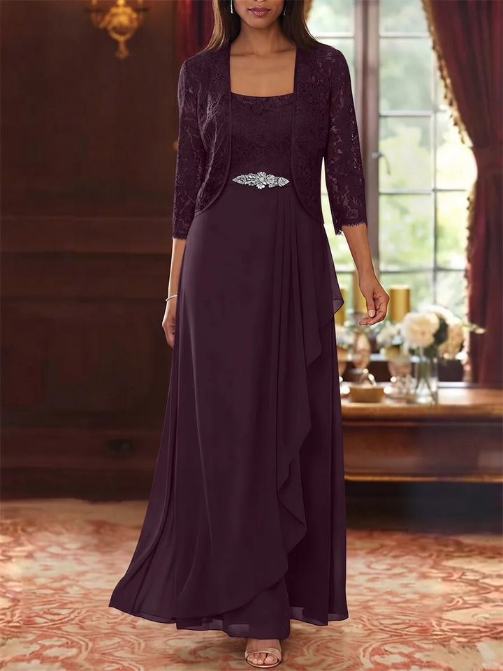A-Line/Princess Square Collar Chiffon Mother of the Bride Dresses with Jacket Lace Ankle-Length 3/4 Sleeves