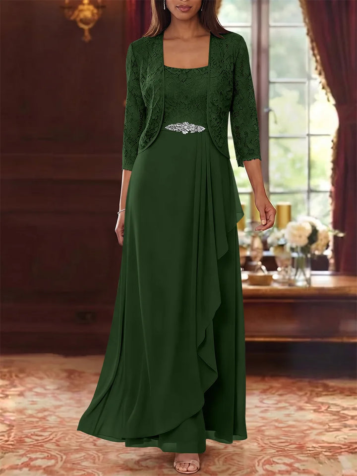 A-Line/Princess Square Collar Chiffon Mother of the Bride Dresses with Jacket Lace Ankle-Length 3/4 Sleeves