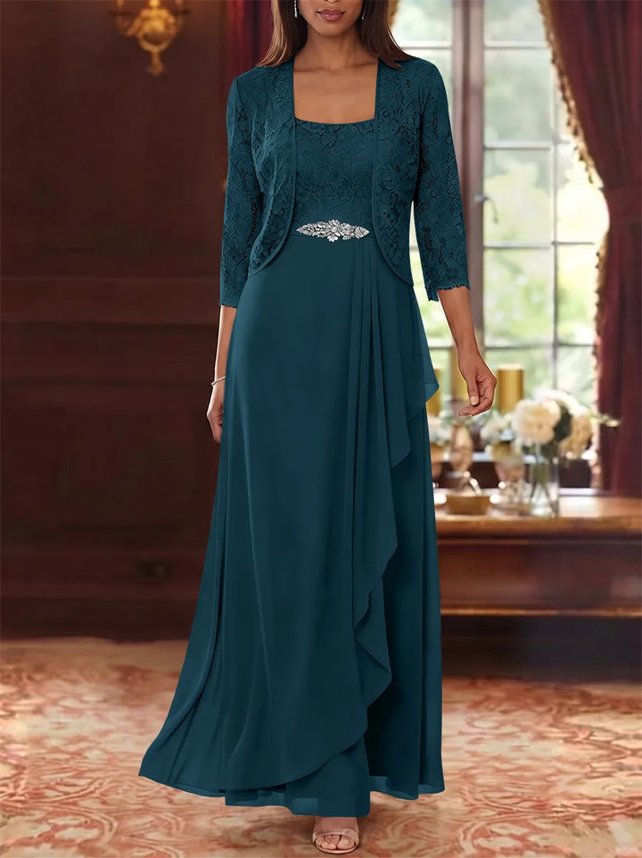 A-Line/Princess Square Collar Chiffon Mother of the Bride Dresses with Jacket Lace Ankle-Length 3/4 Sleeves