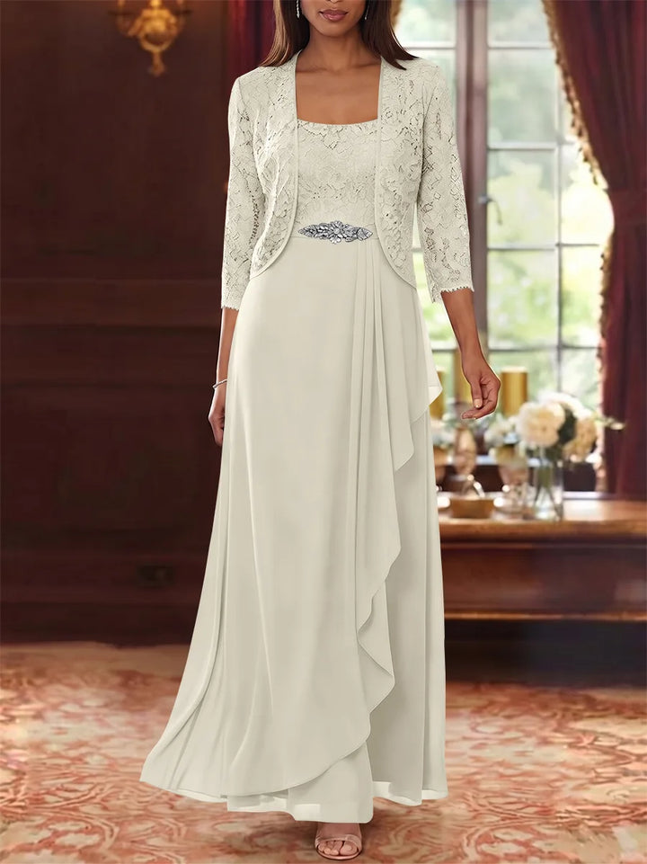 A-Line/Princess Square Collar Chiffon Mother of the Bride Dresses with Jacket Lace Ankle-Length 3/4 Sleeves
