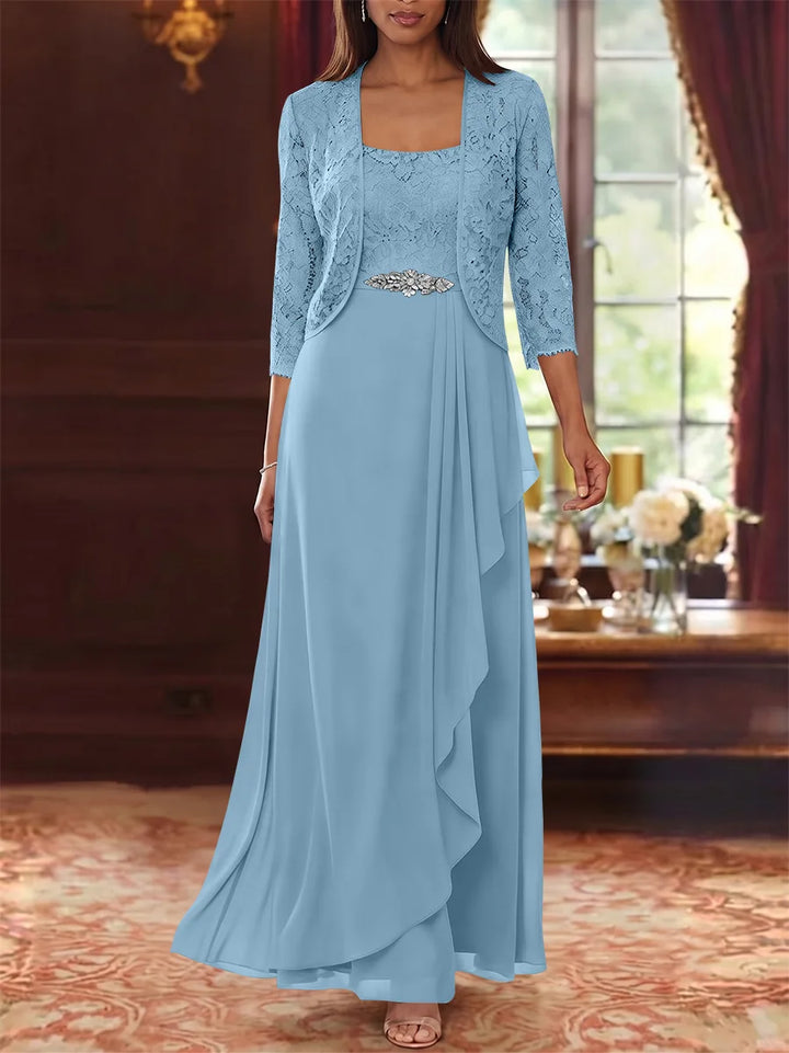 A-Line/Princess Square Collar Chiffon Mother of the Bride Dresses with Jacket Lace Ankle-Length 3/4 Sleeves