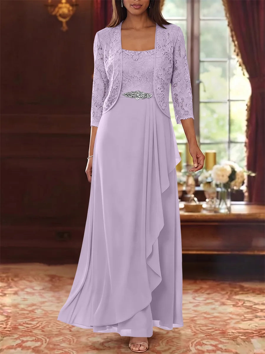 A-Line/Princess Square Collar Chiffon Mother of the Bride Dresses with Jacket Lace Ankle-Length 3/4 Sleeves