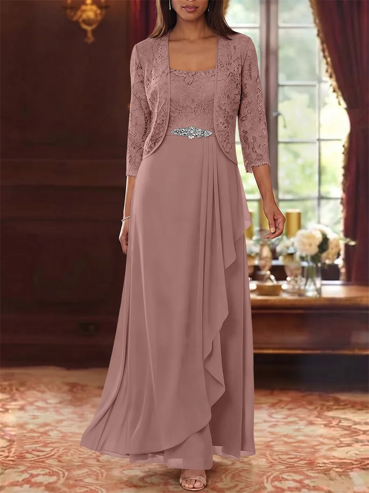 A-Line/Princess Square Collar Chiffon Mother of the Bride Dresses with Jacket Lace Ankle-Length 3/4 Sleeves