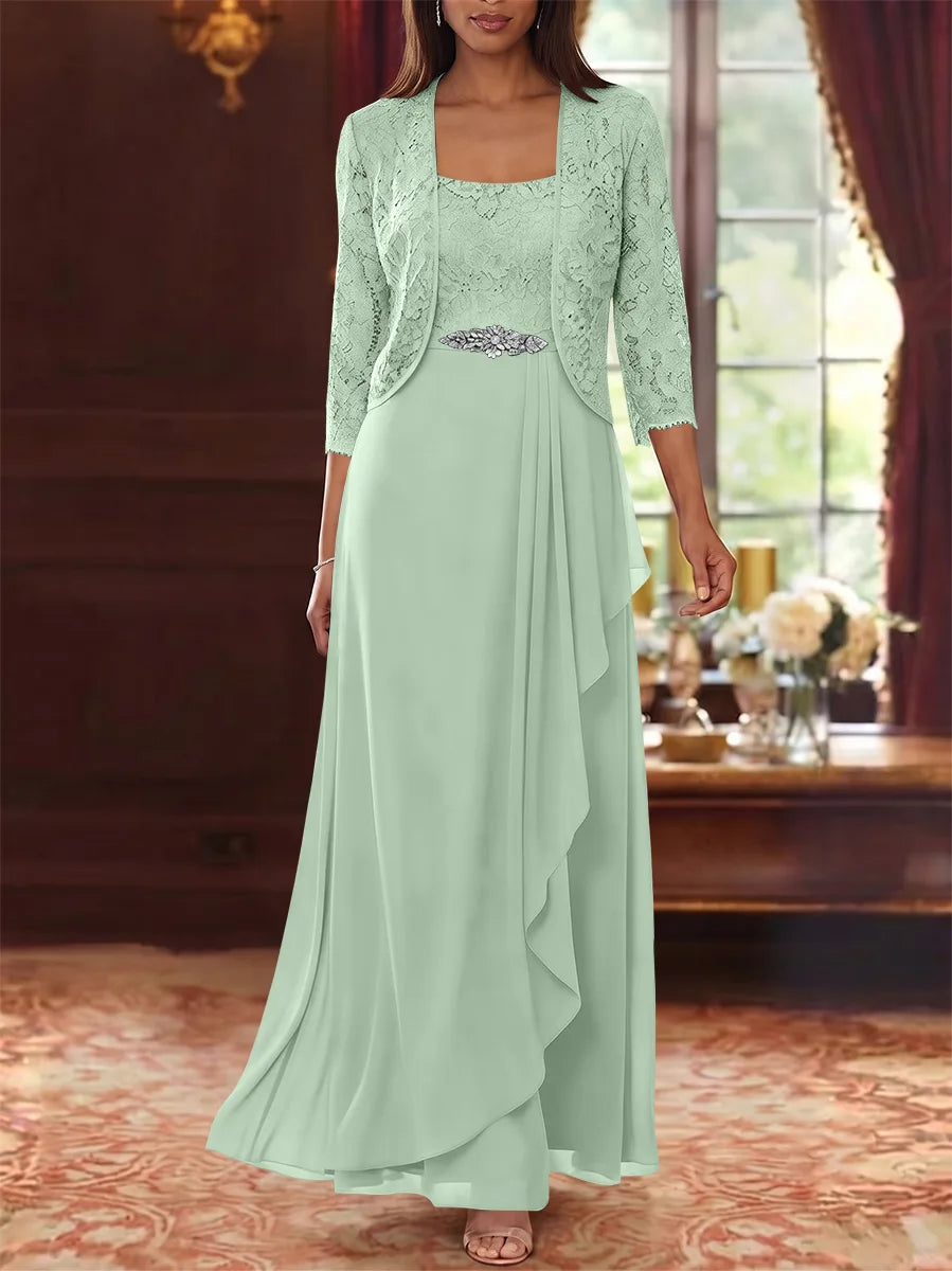 A-Line/Princess Square Collar Chiffon Mother of the Bride Dresses with Jacket Lace Ankle-Length 3/4 Sleeves