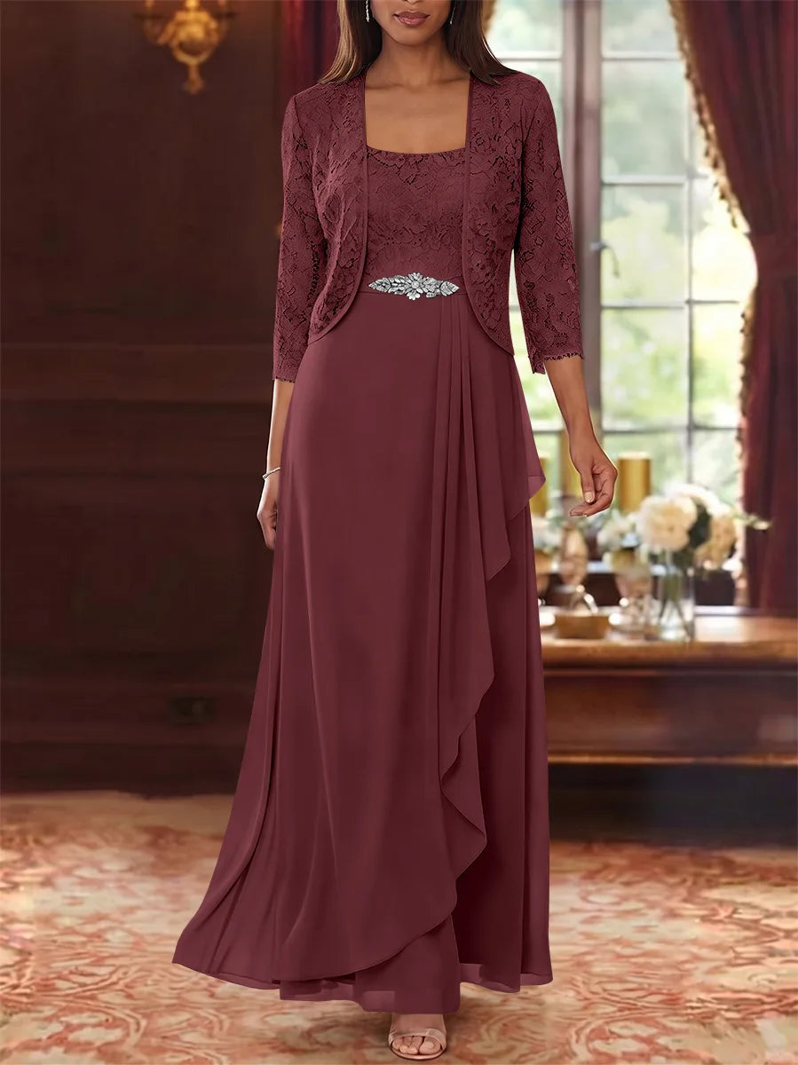 A-Line/Princess Square Collar Chiffon Mother of the Bride Dresses with Jacket Lace Ankle-Length 3/4 Sleeves