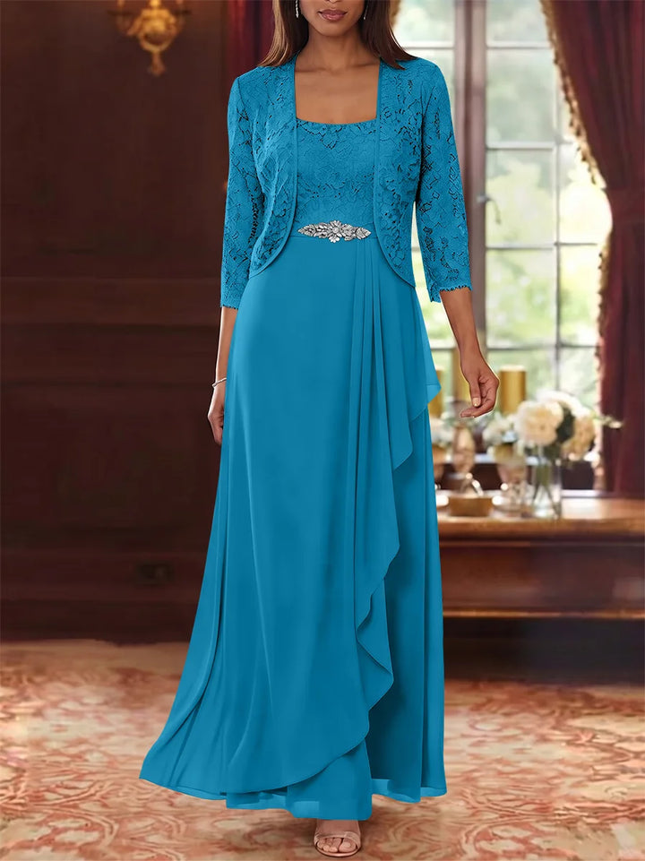 A-Line/Princess Square Collar Chiffon Mother of the Bride Dresses with Jacket Lace Ankle-Length 3/4 Sleeves