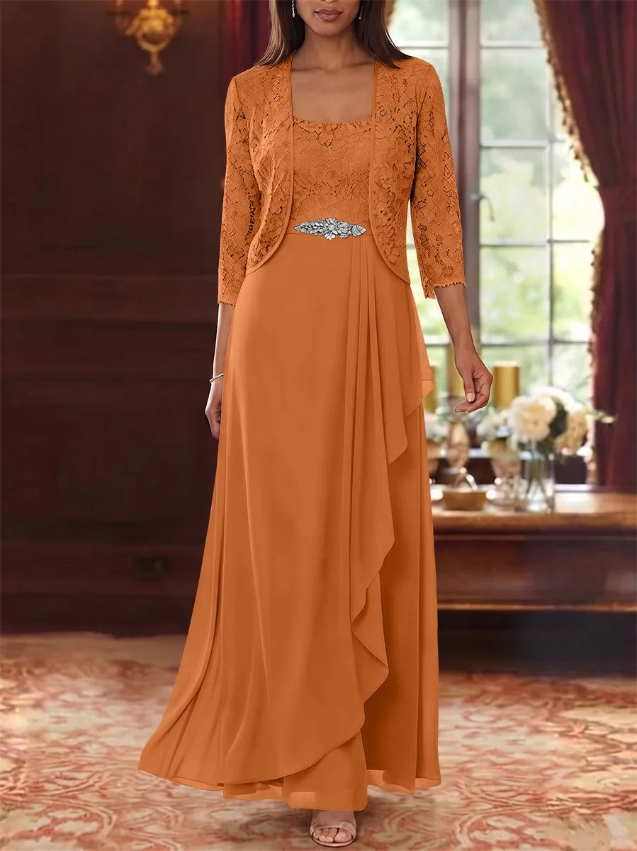 A-Line/Princess Square Collar Chiffon Mother of the Bride Dresses with Jacket Lace Ankle-Length 3/4 Sleeves