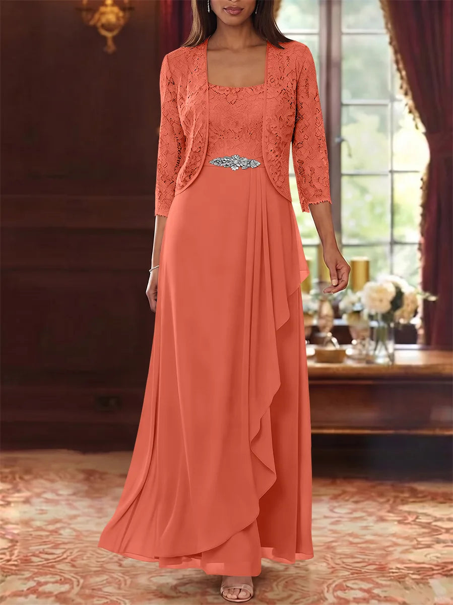 A-Line/Princess Square Collar Chiffon Mother of the Bride Dresses with Jacket Lace Ankle-Length 3/4 Sleeves