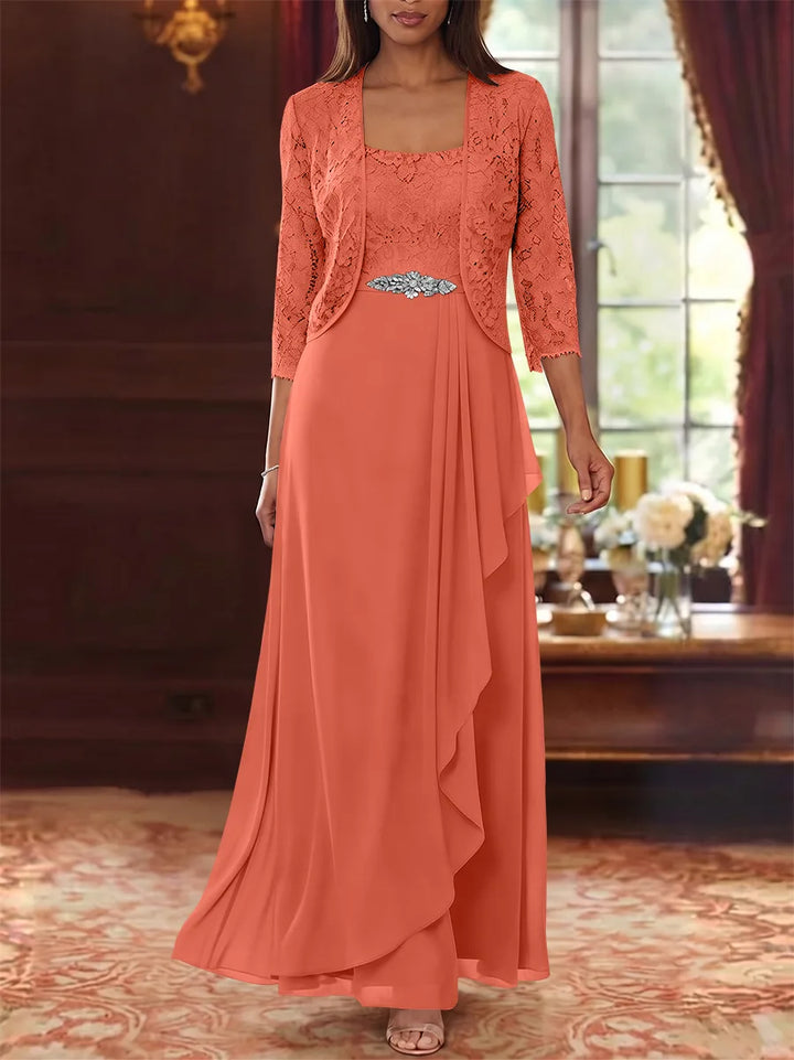 A-Line/Princess Square Collar Chiffon Mother of the Bride Dresses with Jacket Lace Ankle-Length 3/4 Sleeves
