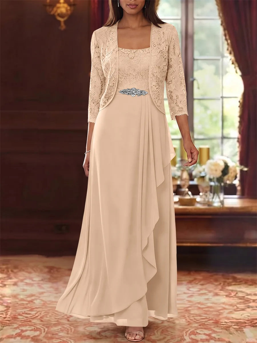 A-Line/Princess Square Collar Chiffon Mother of the Bride Dresses with Jacket Lace Ankle-Length 3/4 Sleeves