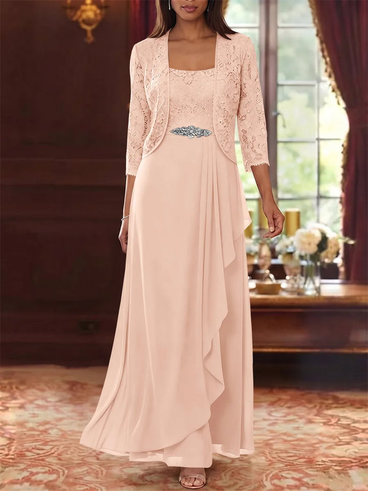 A-Line/Princess Square Collar Chiffon Mother of the Bride Dresses with Jacket Lace Ankle-Length 3/4 Sleeves
