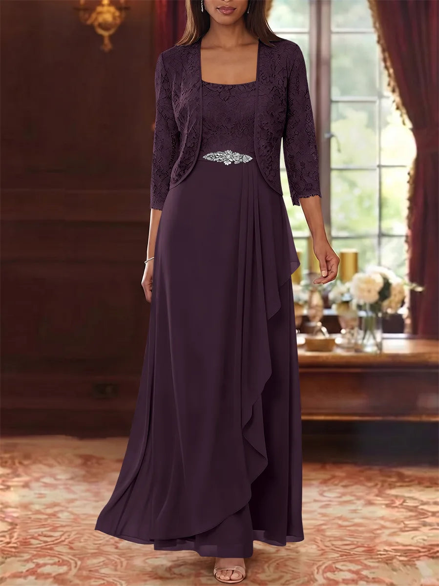A-Line/Princess Square Collar Chiffon Mother of the Bride Dresses with Jacket Lace Ankle-Length 3/4 Sleeves