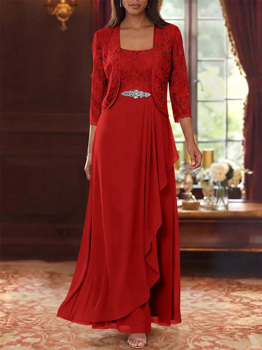 A-Line/Princess Square Collar Chiffon Mother of the Bride Dresses with Jacket Lace Ankle-Length 3/4 Sleeves