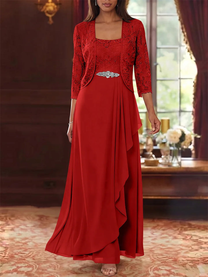 A-Line/Princess Square Collar Chiffon Mother of the Bride Dresses with Jacket Lace Ankle-Length 3/4 Sleeves