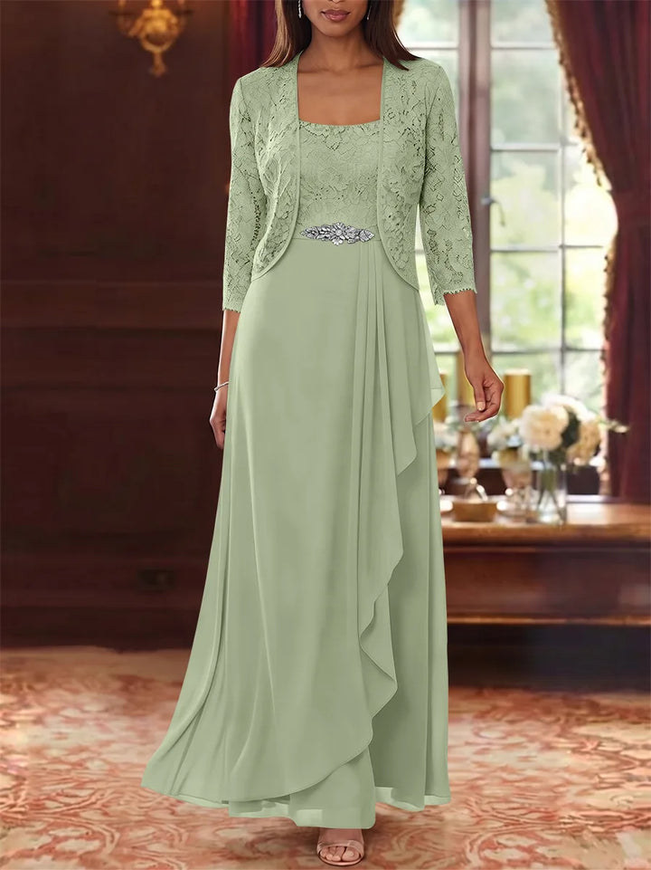 A-Line/Princess Square Collar Chiffon Mother of the Bride Dresses with Jacket Lace Ankle-Length 3/4 Sleeves