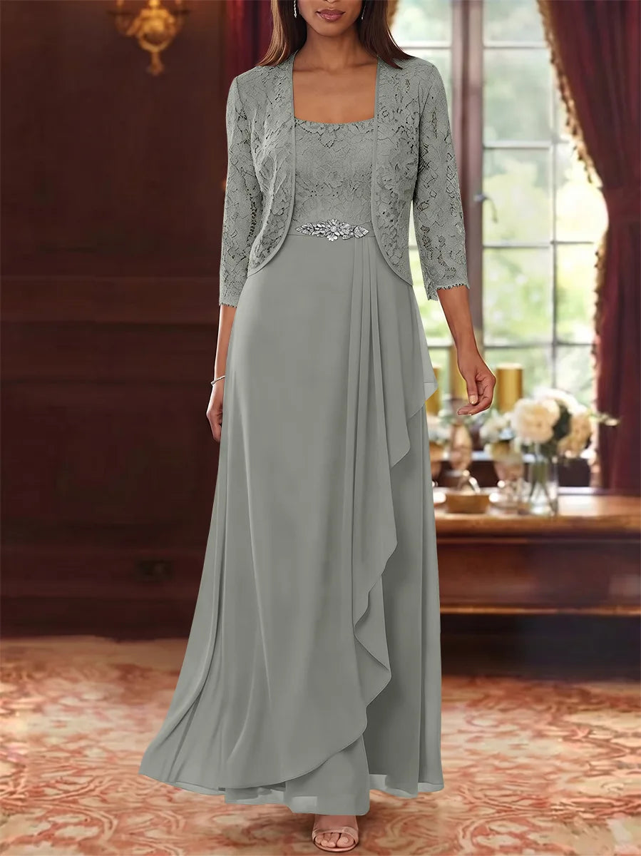 A-Line/Princess Square Collar Chiffon Mother of the Bride Dresses with Jacket Lace Ankle-Length 3/4 Sleeves