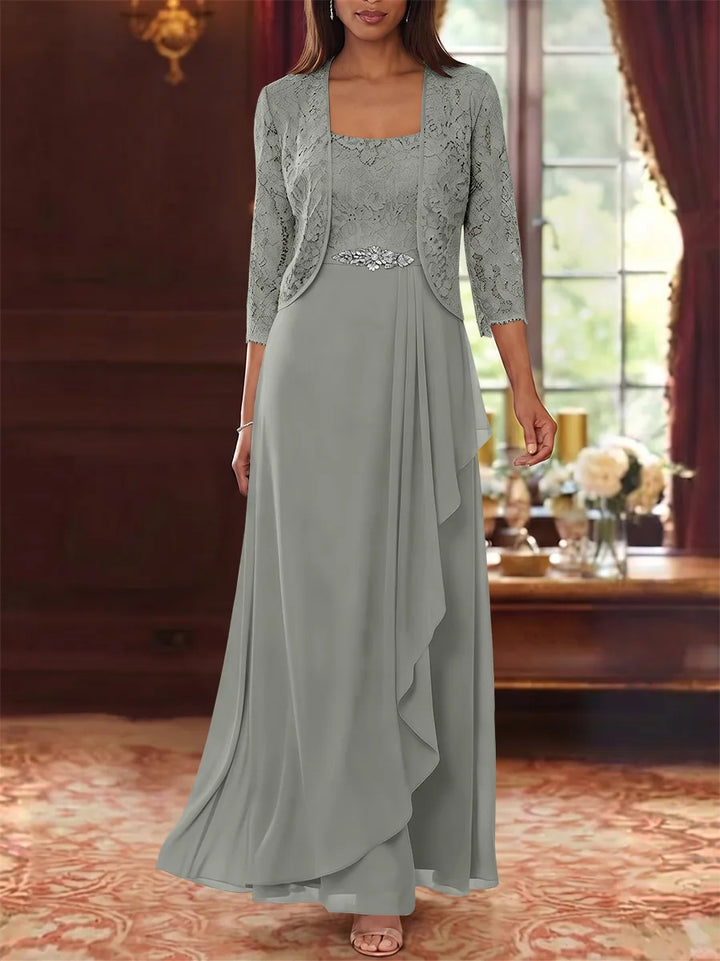 A-Line/Princess Square Collar Chiffon Mother of the Bride Dresses with Jacket Lace Ankle-Length 3/4 Sleeves