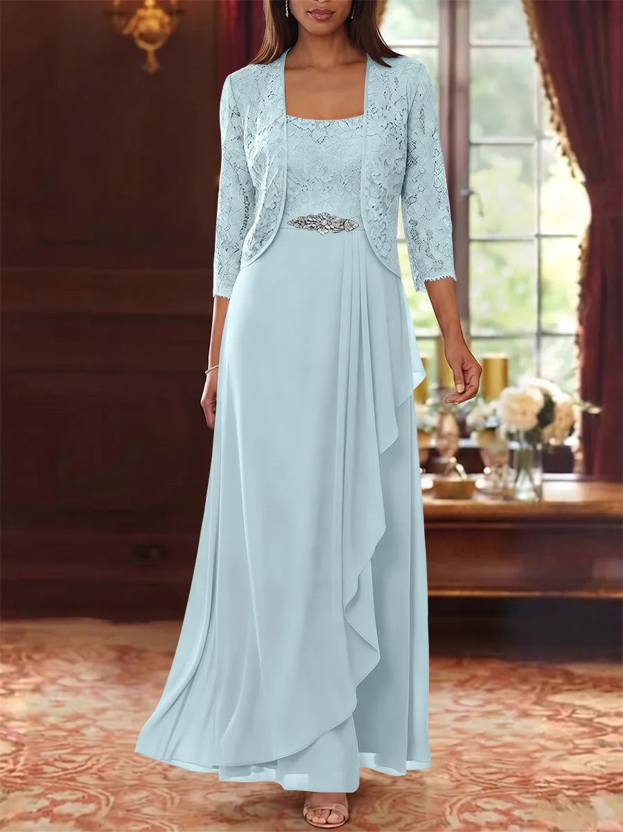 A-Line/Princess Square Collar Chiffon Mother of the Bride Dresses with Jacket Lace Ankle-Length 3/4 Sleeves