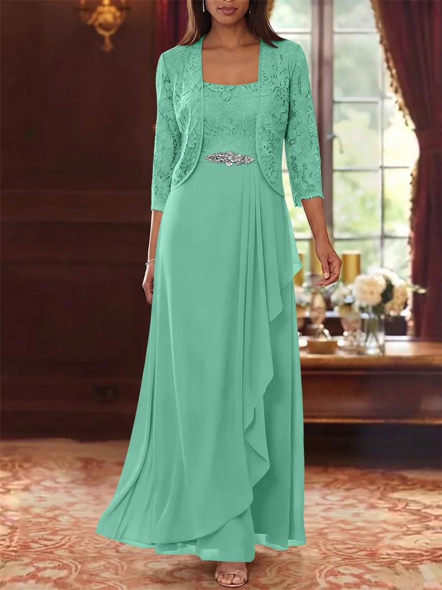 A-Line/Princess Square Collar Chiffon Mother of the Bride Dresses with Jacket Lace Ankle-Length 3/4 Sleeves