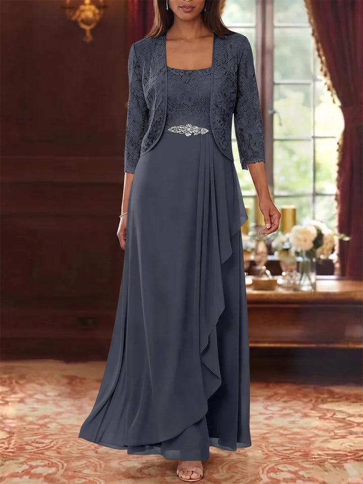 A-Line/Princess Square Collar Chiffon Mother of the Bride Dresses with Jacket Lace Ankle-Length 3/4 Sleeves