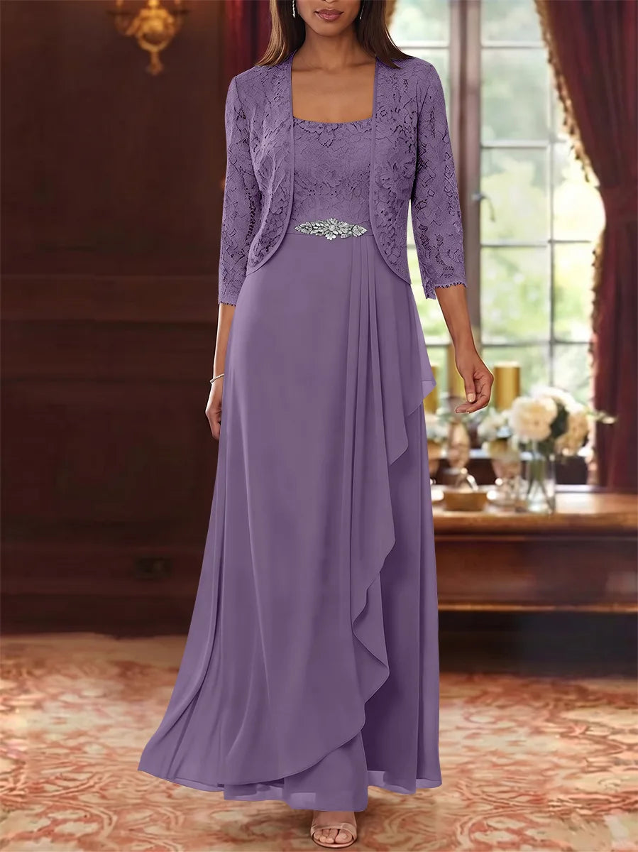A-Line/Princess Square Collar Chiffon Mother of the Bride Dresses with Jacket Lace Ankle-Length 3/4 Sleeves