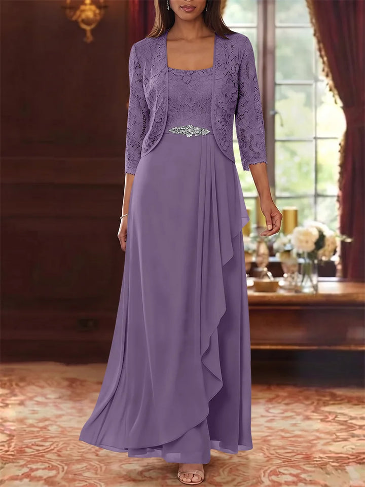 A-Line/Princess Square Collar Chiffon Mother of the Bride Dresses with Jacket Lace Ankle-Length 3/4 Sleeves