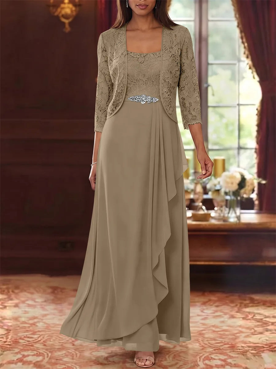 A-Line/Princess Square Collar Chiffon Mother of the Bride Dresses with Jacket Lace Ankle-Length 3/4 Sleeves