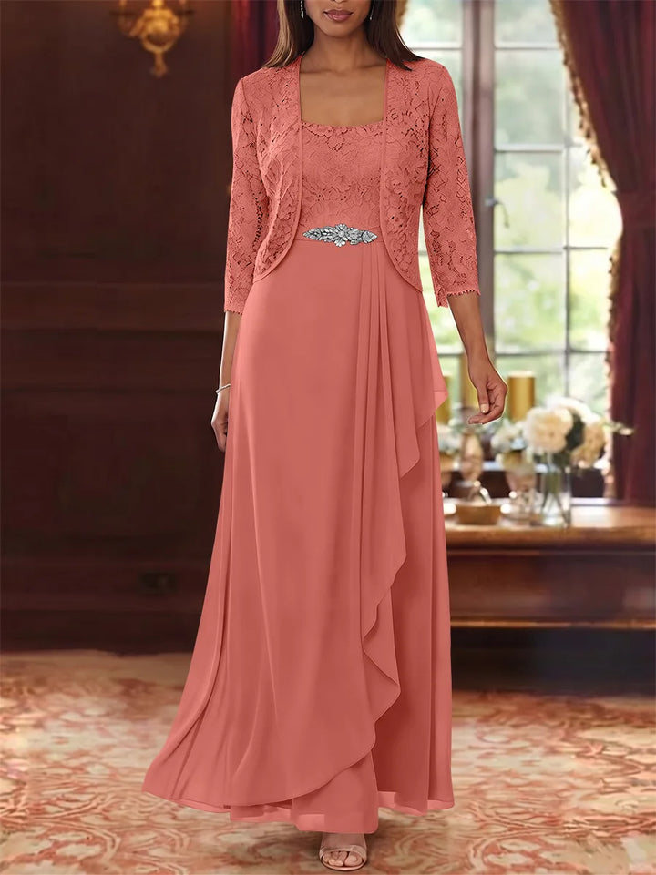 A-Line/Princess Square Collar Chiffon Mother of the Bride Dresses with Jacket Lace Ankle-Length 3/4 Sleeves