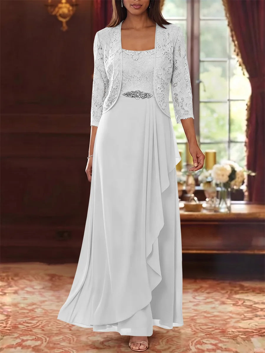 A-Line/Princess Square Collar Chiffon Mother of the Bride Dresses with Jacket Lace Ankle-Length 3/4 Sleeves
