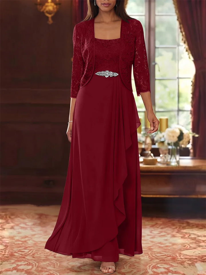 A-Line/Princess Square Collar Chiffon Mother of the Bride Dresses with Jacket Lace Ankle-Length 3/4 Sleeves