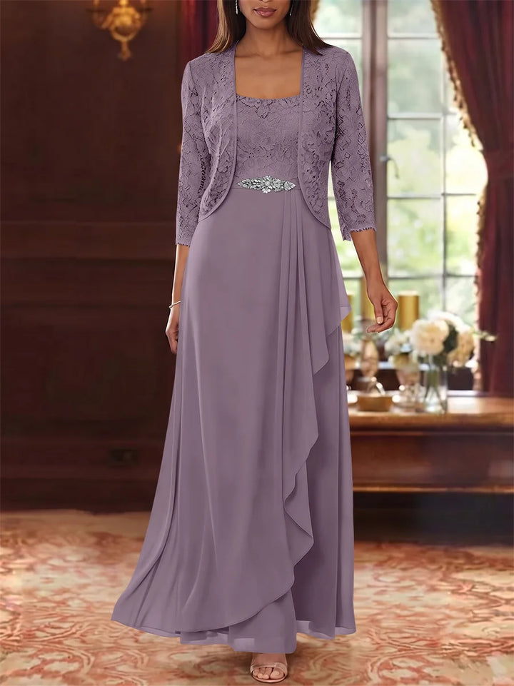 A-Line/Princess Square Collar Chiffon Mother of the Bride Dresses with Jacket Lace Ankle-Length 3/4 Sleeves