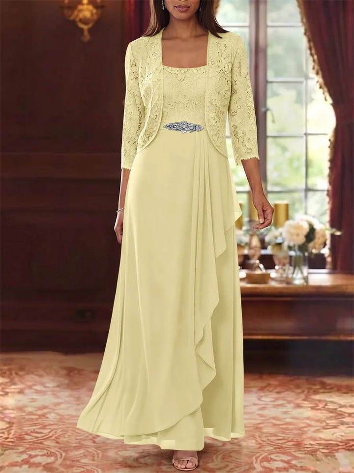 A-Line/Princess Square Collar Chiffon Mother of the Bride Dresses with Jacket Lace Ankle-Length 3/4 Sleeves